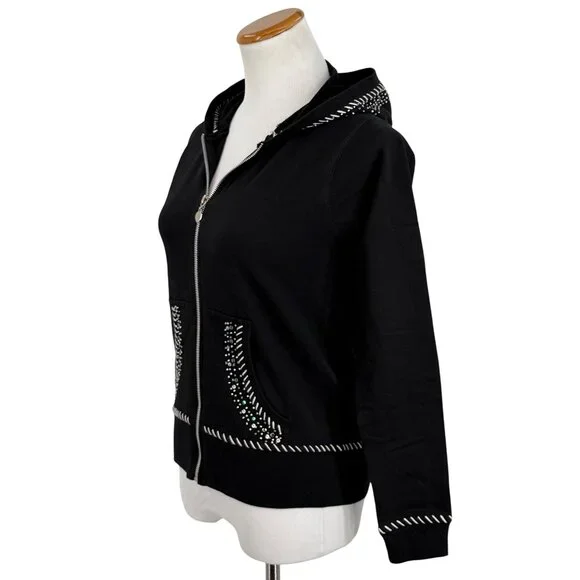 Vtg 90s Black Embroidered Sequin Beaded Zip Up Hoodie | Y2K Skater Grunge Retro - Picture 12 of 16
